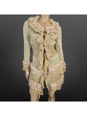 Vintage Y2K Fairy Beige Ruffled Long Cardigan Lace Trim Bell Sleeves Size S